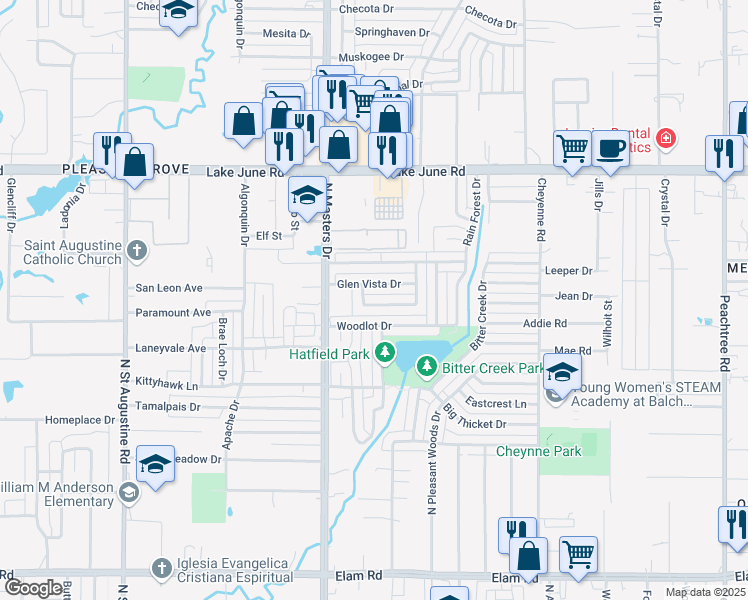 map of restaurants, bars, coffee shops, grocery stores, and more near 10229 Pondwood Drive in Dallas