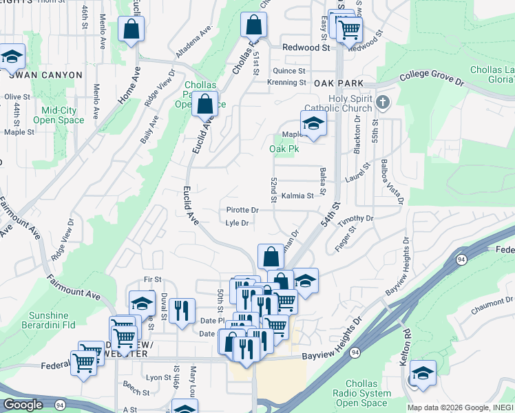 map of restaurants, bars, coffee shops, grocery stores, and more near 5170 Pirotte Drive in San Diego
