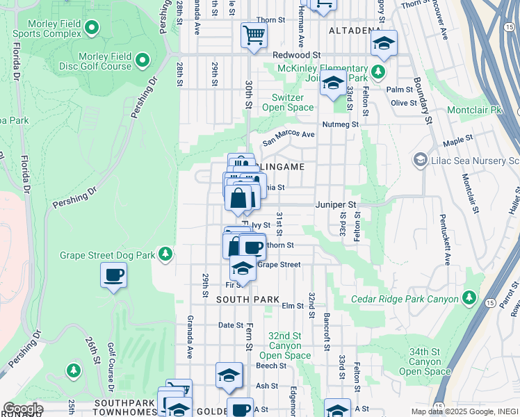 map of restaurants, bars, coffee shops, grocery stores, and more near 3028 Juniper Street in San Diego