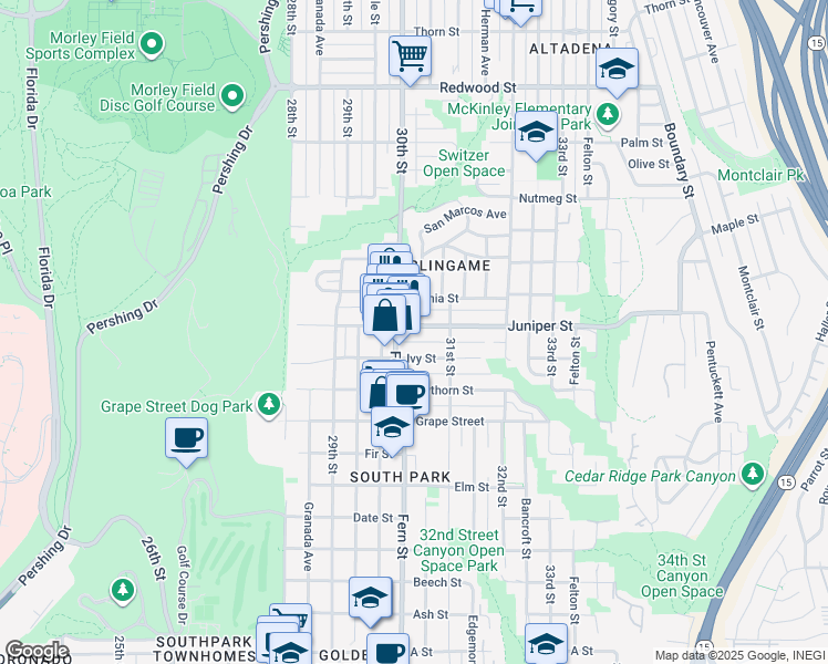 map of restaurants, bars, coffee shops, grocery stores, and more near 3028 Juniper Street in San Diego