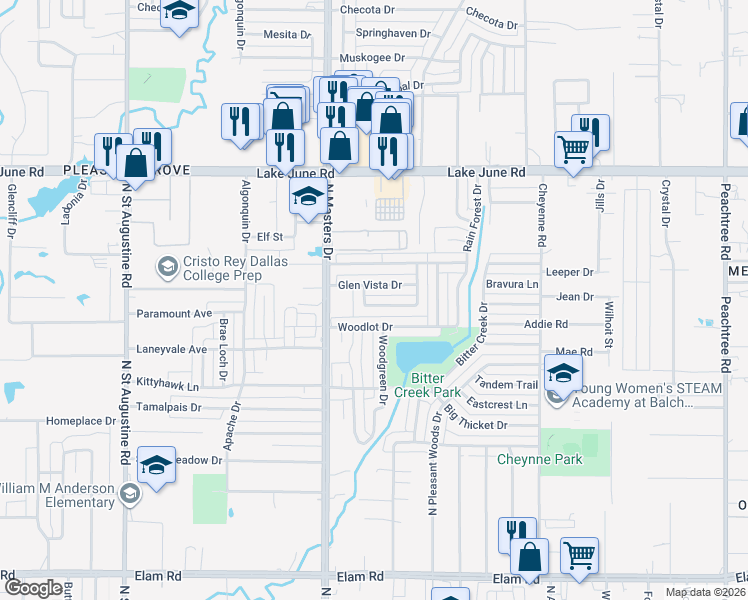 map of restaurants, bars, coffee shops, grocery stores, and more near 10229 Pondwood Drive in Dallas