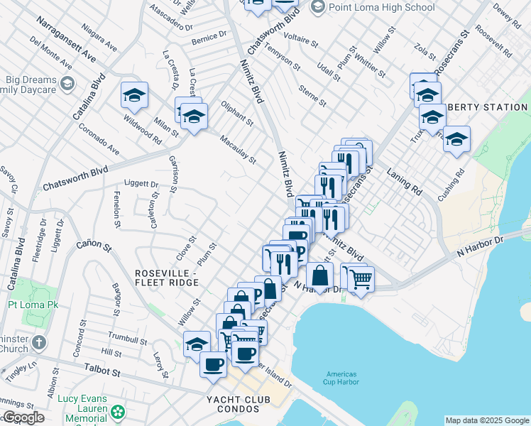 map of restaurants, bars, coffee shops, grocery stores, and more near 1615 Willow Street in San Diego