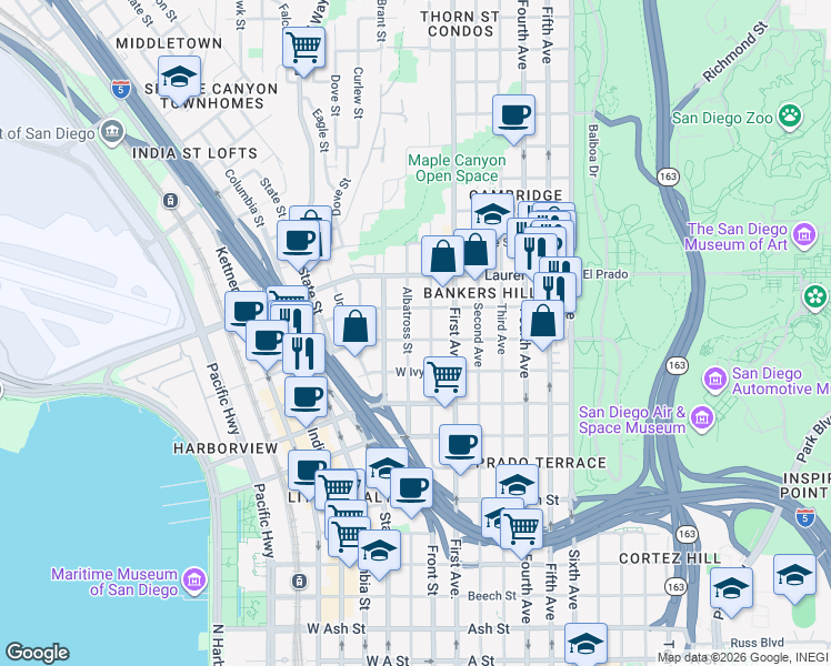map of restaurants, bars, coffee shops, grocery stores, and more near in San Diego