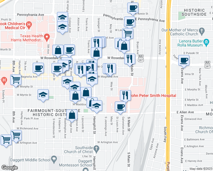 map of restaurants, bars, coffee shops, grocery stores, and more near 1314 May Street in Fort Worth