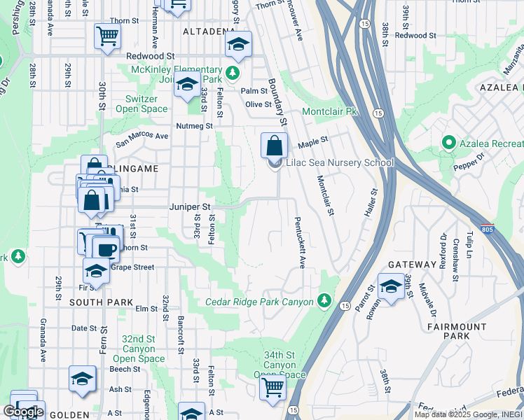 map of restaurants, bars, coffee shops, grocery stores, and more near 2276 Westland Avenue in San Diego