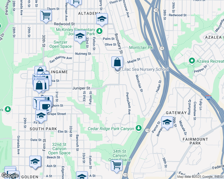 map of restaurants, bars, coffee shops, grocery stores, and more near 2265 Westland Avenue in San Diego