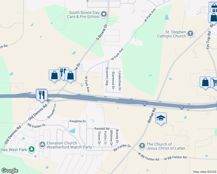 map of restaurants, bars, coffee shops, grocery stores, and more near 2018 Bay Laurel Drive in Weatherford