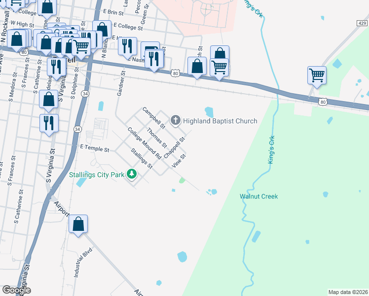 map of restaurants, bars, coffee shops, grocery stores, and more near 205 Chappell Street in Terrell
