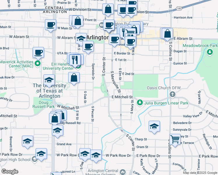 map of restaurants, bars, coffee shops, grocery stores, and more near 705 South Center Street in Arlington