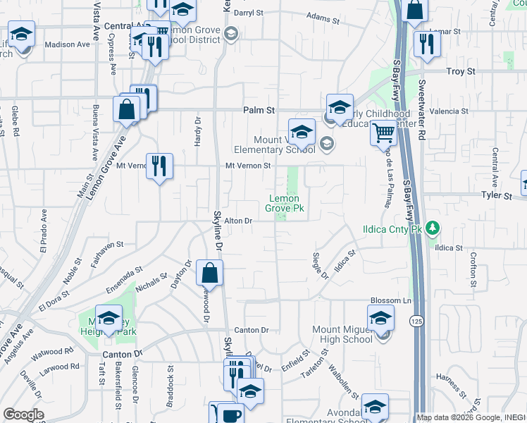 map of restaurants, bars, coffee shops, grocery stores, and more near 2217 Lyndine Street in Lemon Grove