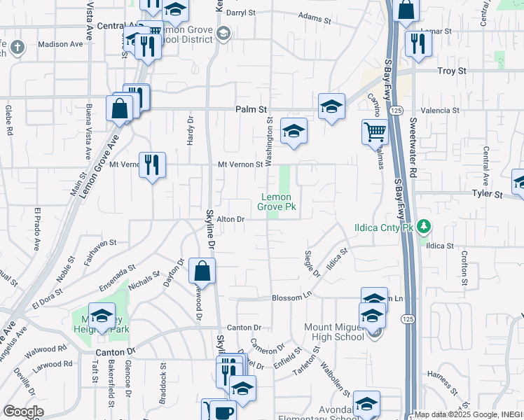 map of restaurants, bars, coffee shops, grocery stores, and more near 2270 Washington Street in Lemon Grove