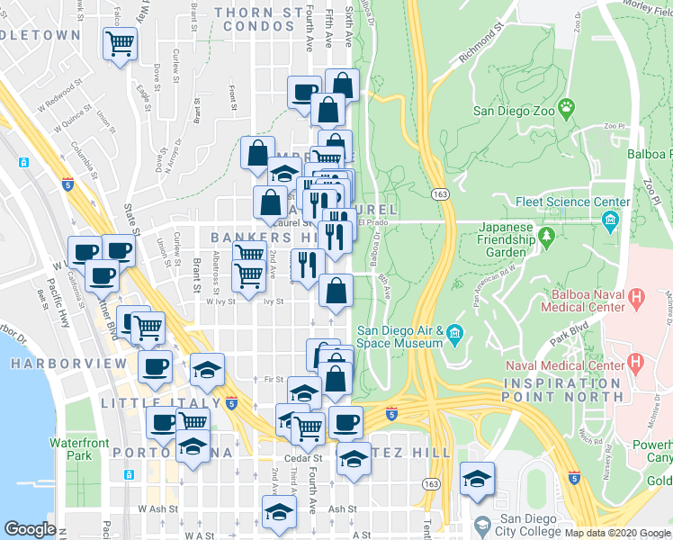 map of restaurants, bars, coffee shops, grocery stores, and more near 2378 Fifth Avenue in San Diego