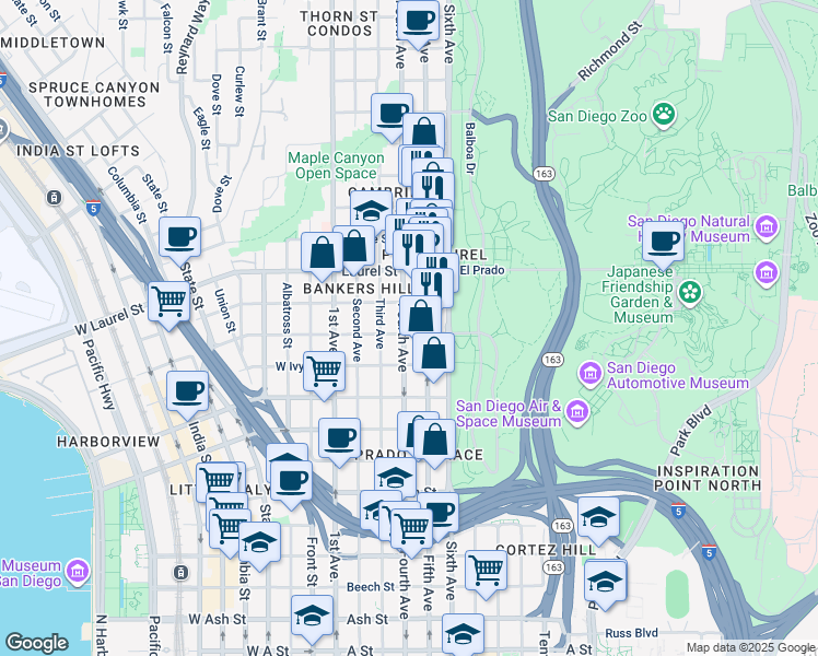 map of restaurants, bars, coffee shops, grocery stores, and more near in San Diego