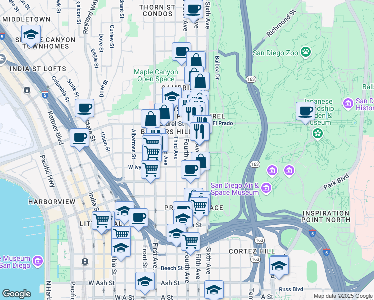 map of restaurants, bars, coffee shops, grocery stores, and more near in San Diego