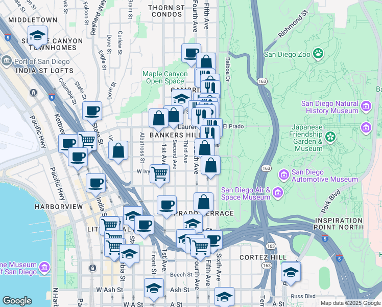 map of restaurants, bars, coffee shops, grocery stores, and more near in San Diego