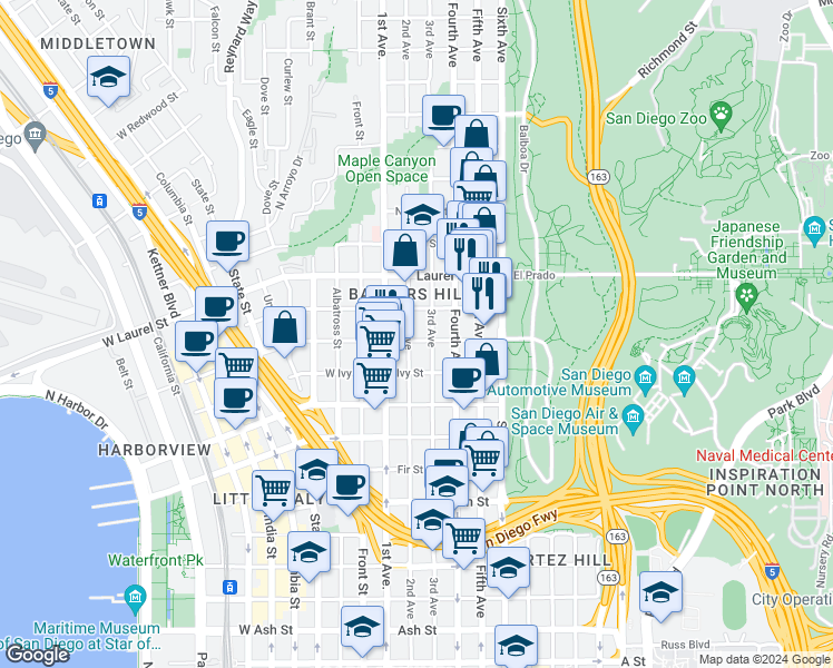 map of restaurants, bars, coffee shops, grocery stores, and more near in San Diego