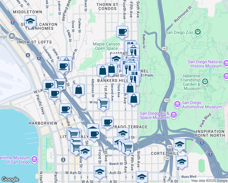 map of restaurants, bars, coffee shops, grocery stores, and more near in San Diego