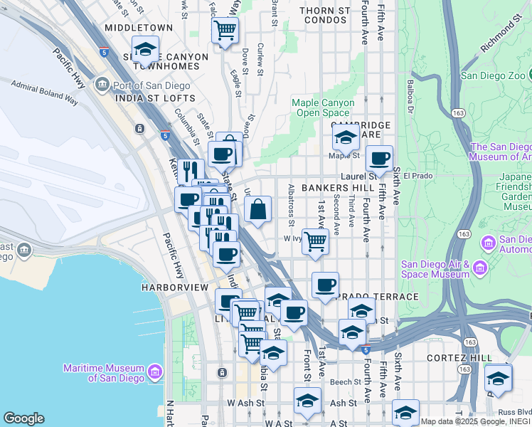 map of restaurants, bars, coffee shops, grocery stores, and more near 2345 Union Street in San Diego