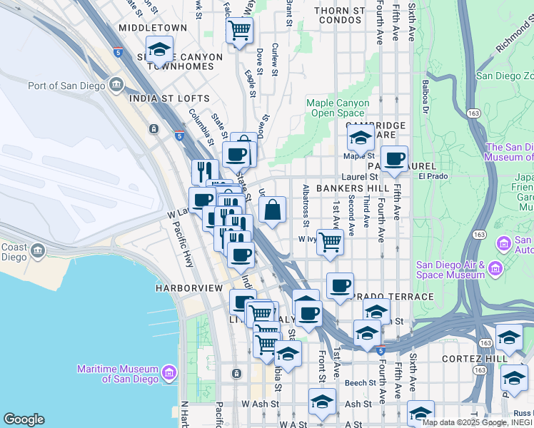 map of restaurants, bars, coffee shops, grocery stores, and more near 2345 Union Street in San Diego