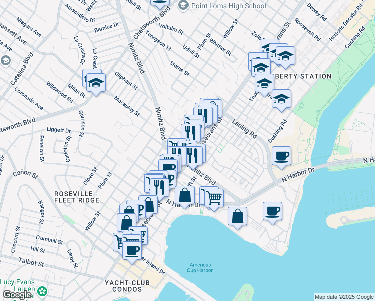 map of restaurants, bars, coffee shops, grocery stores, and more near 3102 Macaulay Street in San Diego