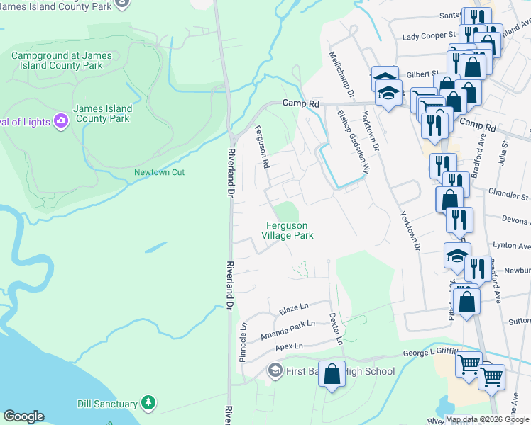 map of restaurants, bars, coffee shops, grocery stores, and more near 1920 Ferguson Road in Charleston