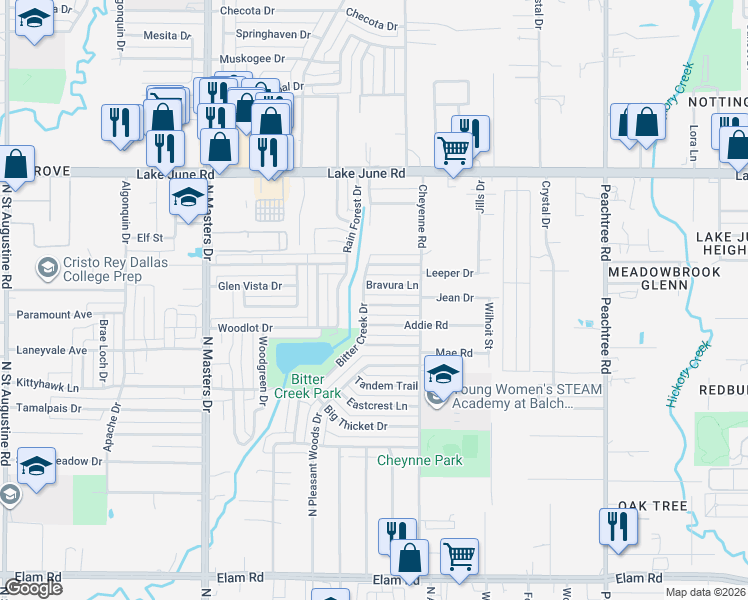 map of restaurants, bars, coffee shops, grocery stores, and more near 10822 Bravura Lane in Dallas