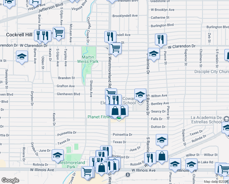 map of restaurants, bars, coffee shops, grocery stores, and more near 3121 Sharon Street in Dallas