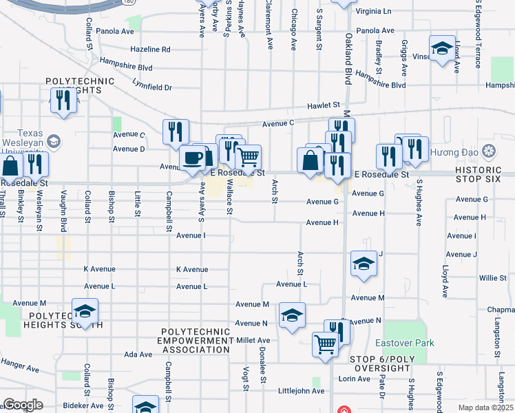 map of restaurants, bars, coffee shops, grocery stores, and more near 3901 Avenue G in Fort Worth