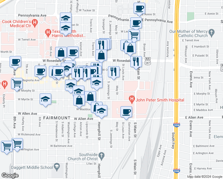 map of restaurants, bars, coffee shops, grocery stores, and more near in Fort Worth