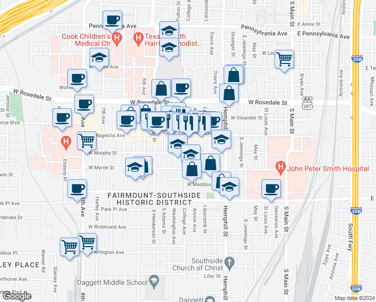 map of restaurants, bars, coffee shops, grocery stores, and more near 1315 College Avenue in Fort Worth