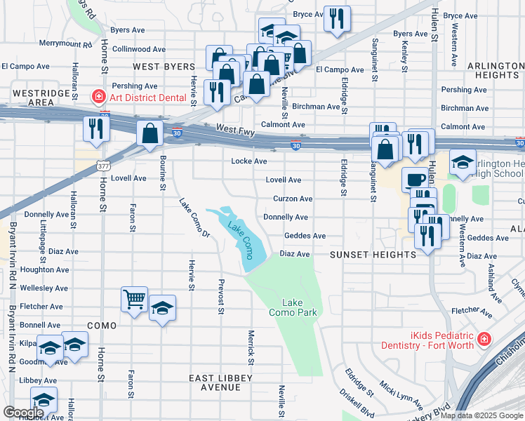 map of restaurants, bars, coffee shops, grocery stores, and more near 5133 Curzon Avenue in Fort Worth