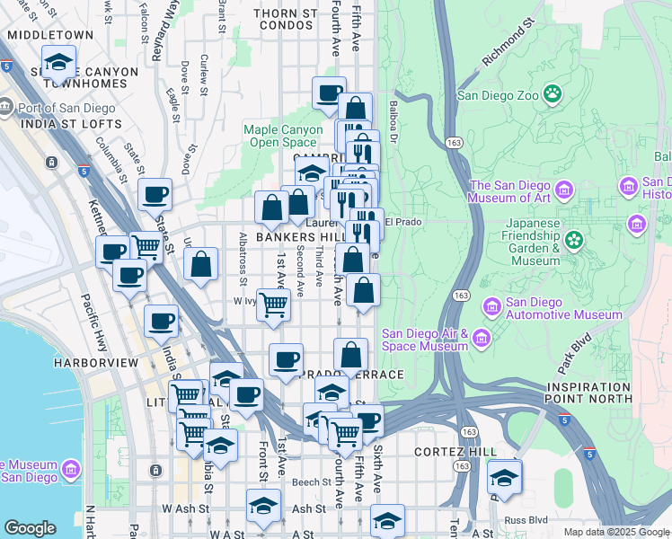 map of restaurants, bars, coffee shops, grocery stores, and more near 326 Juniper Street in San Diego