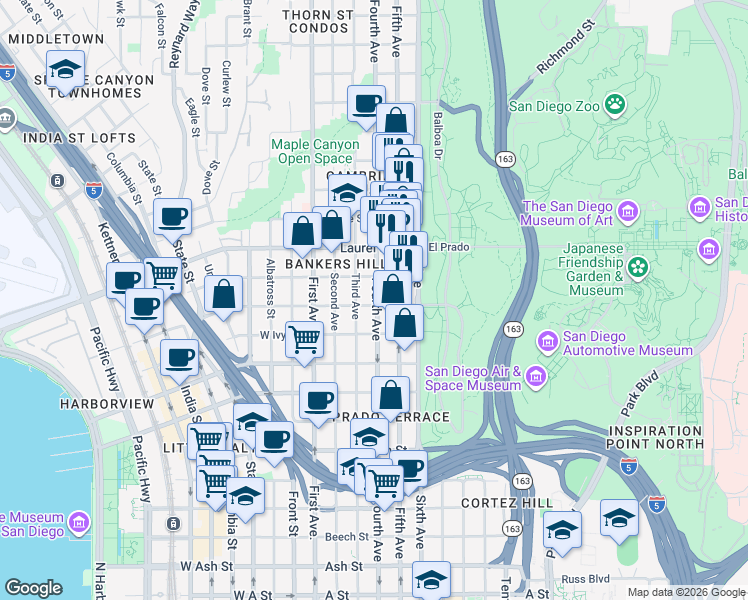 map of restaurants, bars, coffee shops, grocery stores, and more near 326 Juniper Street in San Diego
