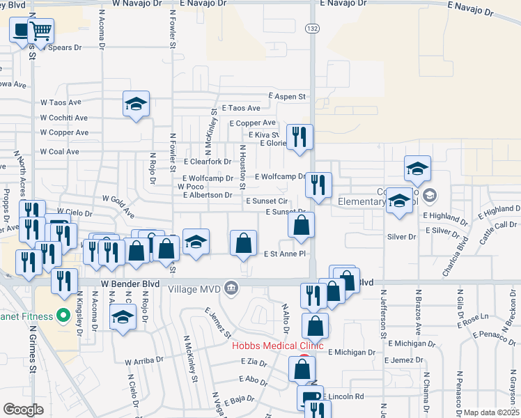 map of restaurants, bars, coffee shops, grocery stores, and more near 602 East Sunset Drive in Hobbs