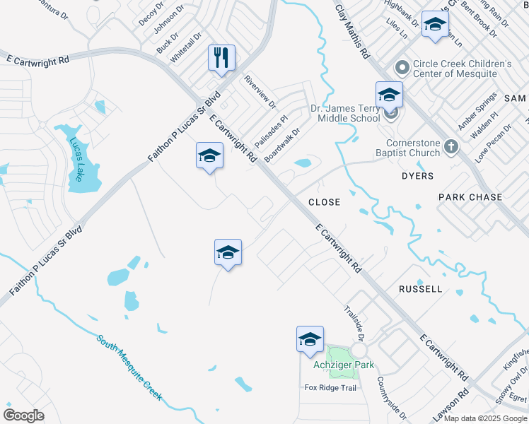 map of restaurants, bars, coffee shops, grocery stores, and more near 3701 E Cartwright Rd in Mesquite