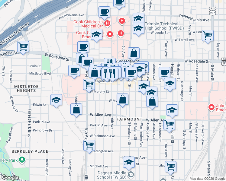 map of restaurants, bars, coffee shops, grocery stores, and more near 1312 South Lake Street in Fort Worth