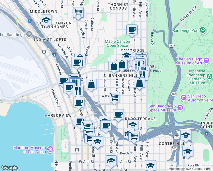 map of restaurants, bars, coffee shops, grocery stores, and more near 234 West Juniper Street in San Diego