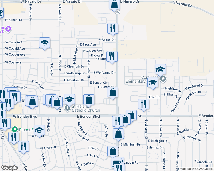 map of restaurants, bars, coffee shops, grocery stores, and more near 2601 North Sunset Circle in Hobbs