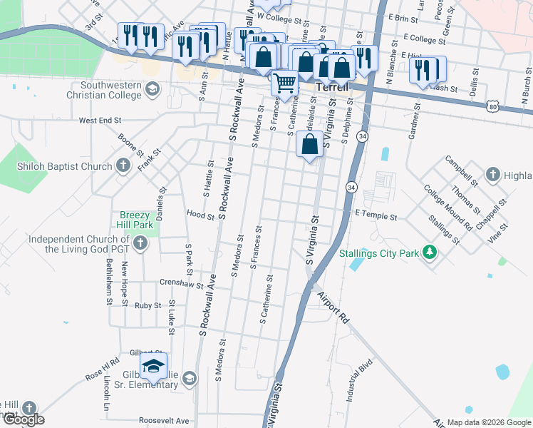 map of restaurants, bars, coffee shops, grocery stores, and more near 803 South Frances Street in Terrell