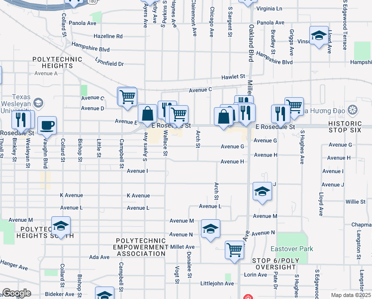 map of restaurants, bars, coffee shops, grocery stores, and more near 3901 Avenue G in Fort Worth