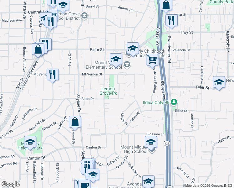 map of restaurants, bars, coffee shops, grocery stores, and more near 2222 Debco Drive in Lemon Grove