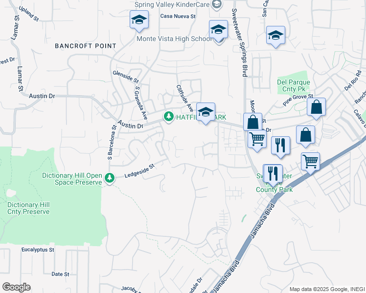 map of restaurants, bars, coffee shops, grocery stores, and more near 11060 Plum Tree Lane in Spring Valley