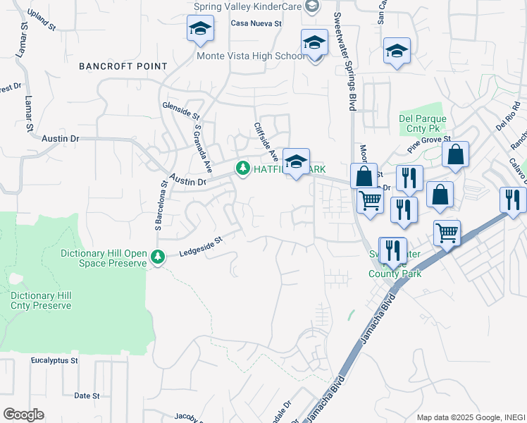 map of restaurants, bars, coffee shops, grocery stores, and more near 11060 Plum Tree Lane in Spring Valley