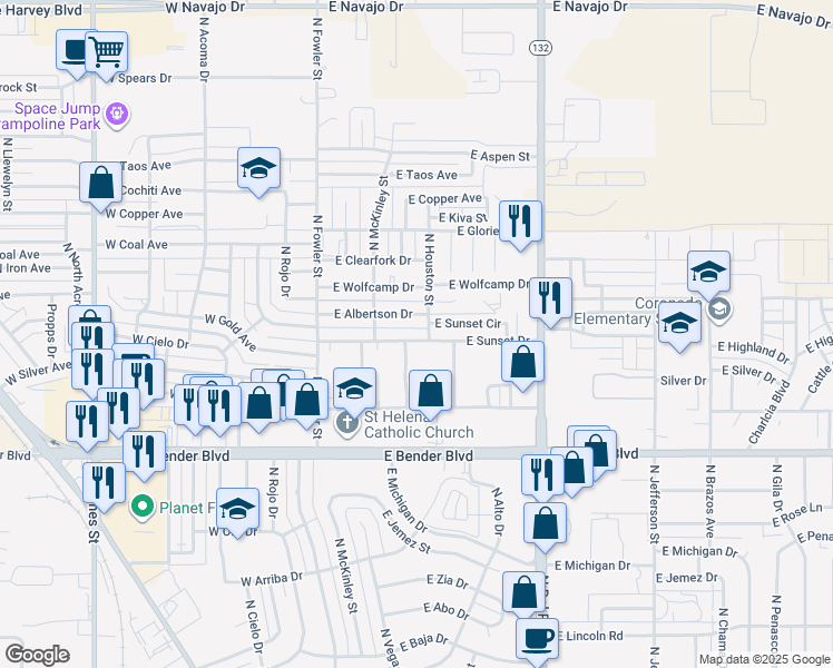 map of restaurants, bars, coffee shops, grocery stores, and more near 410 East Sunset Drive in Hobbs