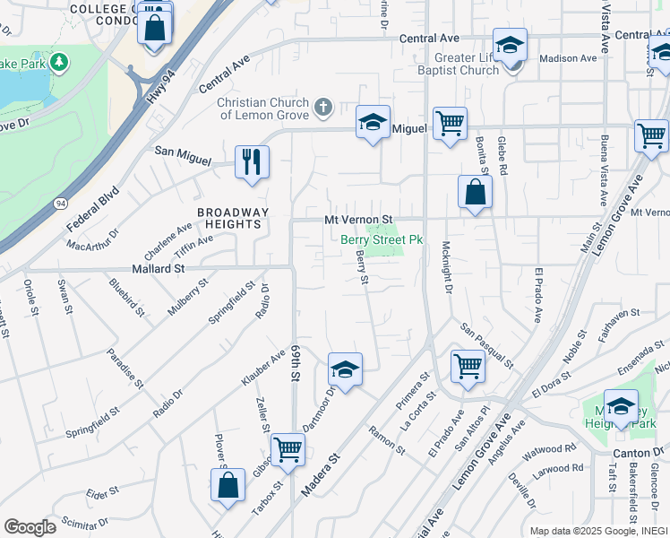 map of restaurants, bars, coffee shops, grocery stores, and more near 7015 Lerma's Court in Lemon Grove