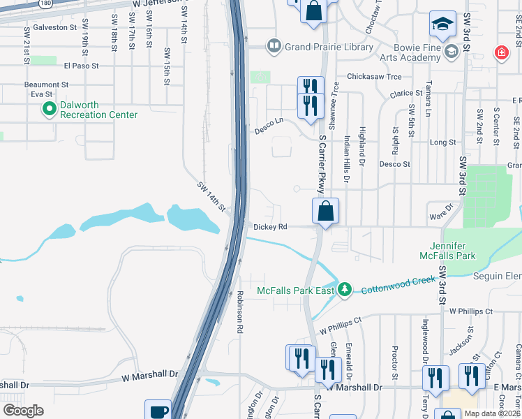 map of restaurants, bars, coffee shops, grocery stores, and more near 1175 State Highway 161 in Grand Prairie