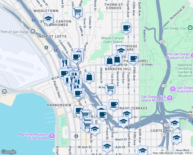 map of restaurants, bars, coffee shops, grocery stores, and more near 2315 Brant Street in San Diego