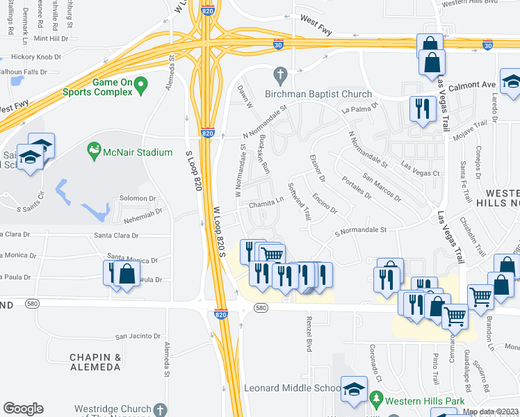 map of restaurants, bars, coffee shops, grocery stores, and more near 3003 Friendship Oak Street in Fort Worth
