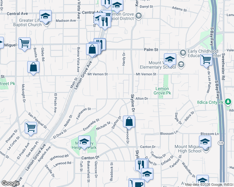 map of restaurants, bars, coffee shops, grocery stores, and more near 2280 Sherwood Drive in Lemon Grove