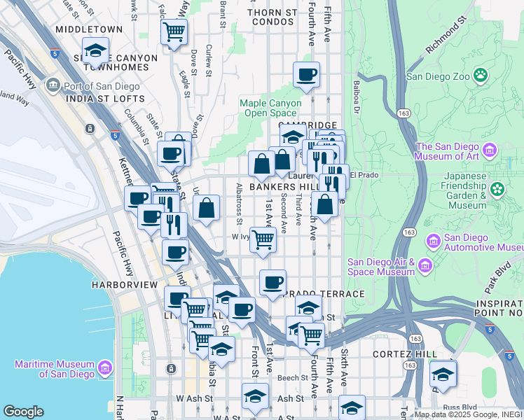 map of restaurants, bars, coffee shops, grocery stores, and more near in San Diego